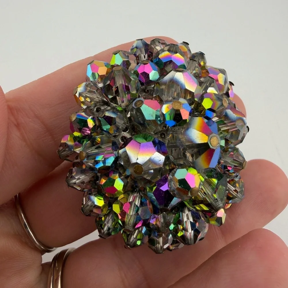 Vintage Dome Crystal Brooch Multicolor AB Aurora Borealis Cluster Filigree Retro